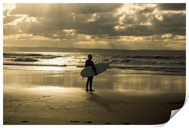 Surfer watching the waves at Croyde Bay in Devon Print by Tony Twyman