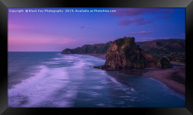 Lion's Rock, Piha Beach Framed Print by Black Key Photography