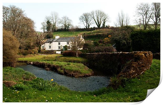 A cornish cottage by the stream Print by Rob Hawkins