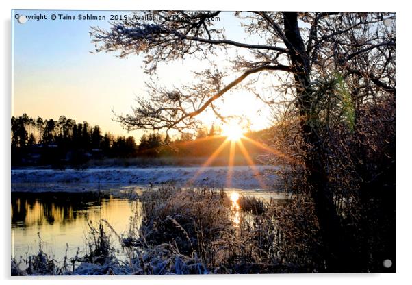 Winter Sunset at Pernionjoki River  Acrylic by Taina Sohlman