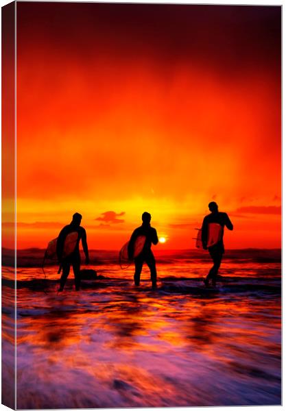Widemouth Bay,  Surfers at sunset, Cornwall Canvas Print by Maggie McCall
