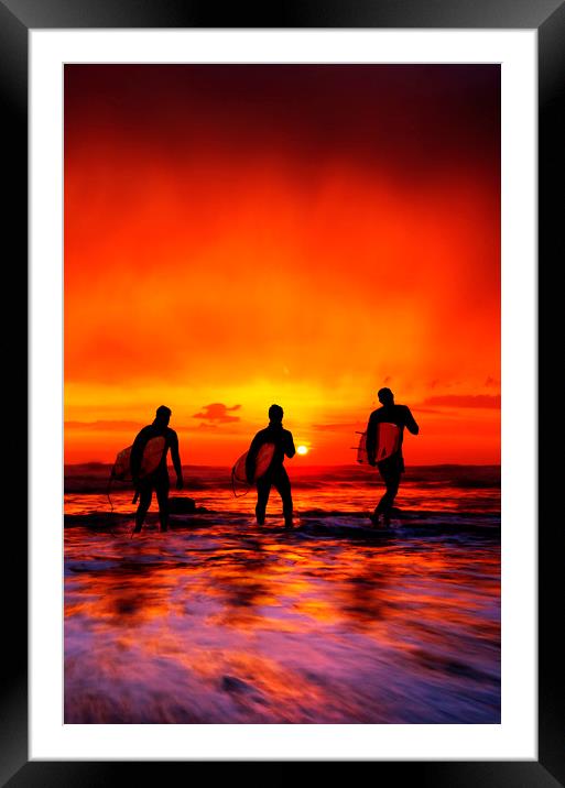 Widemouth Bay,  Surfers at sunset, Cornwall Framed Mounted Print by Maggie McCall