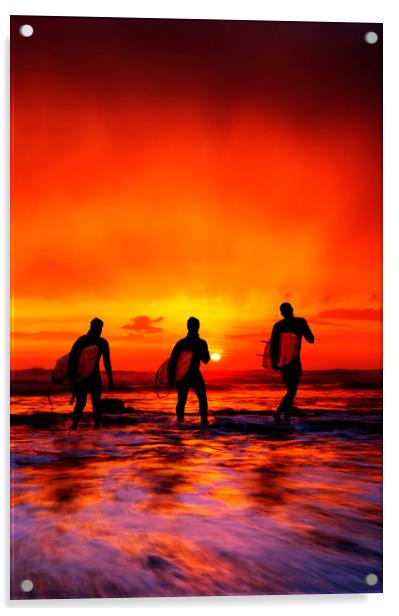 Widemouth Bay,  Surfers at sunset, Cornwall Acrylic by Maggie McCall