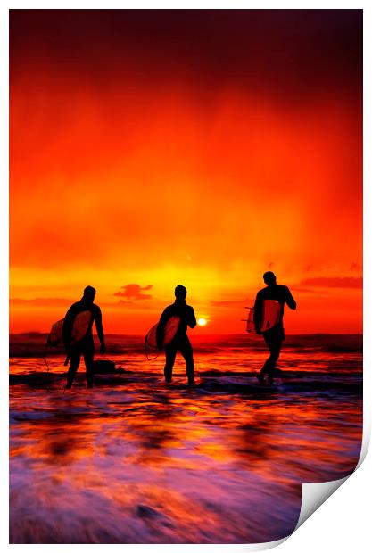 Widemouth Bay,  Surfers at sunset, Cornwall Print by Maggie McCall