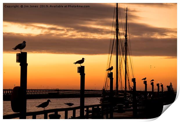 Several silhouetted seagulls at Sunrise Print by Jim Jones