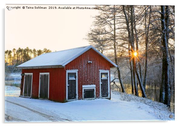 Wooden Building and Sunset by the River Digital Acrylic by Taina Sohlman