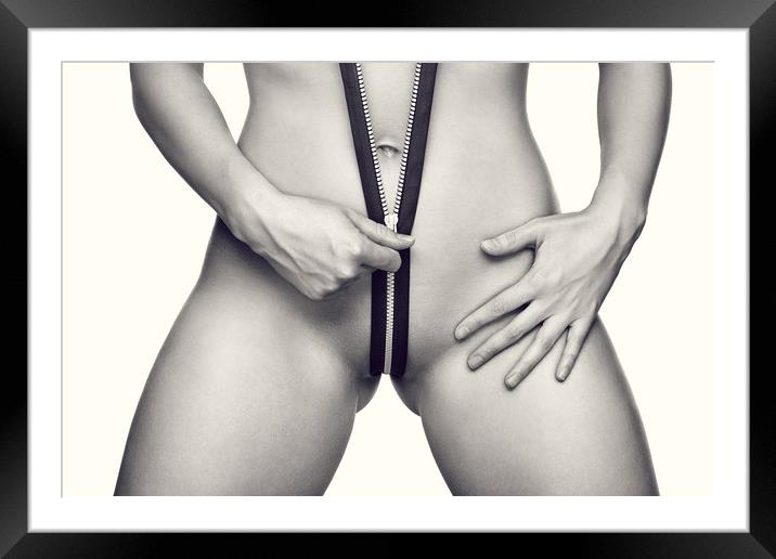 Woman unzipping her body Framed Mounted Print by Johan Swanepoel