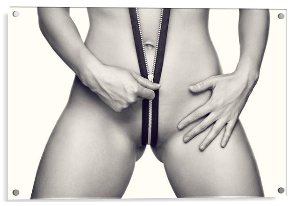 Woman unzipping her body Acrylic by Johan Swanepoel