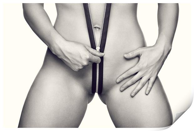 Woman unzipping her body Print by Johan Swanepoel