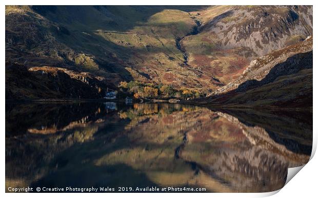 Idwal Cottage and Llyn Ogwen Reflection, Snowdonia Print by Creative Photography Wales