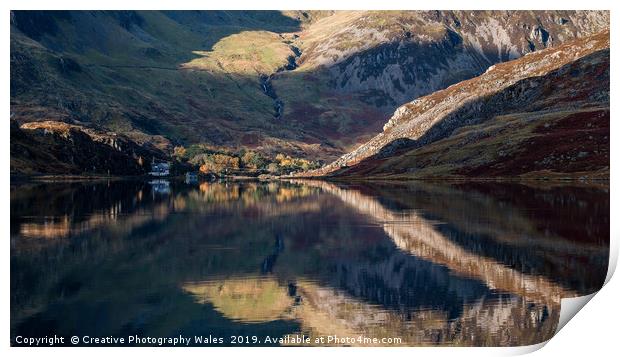 Idwal Cottage and Llyn Ogwen Reflection, Snowdonia Print by Creative Photography Wales