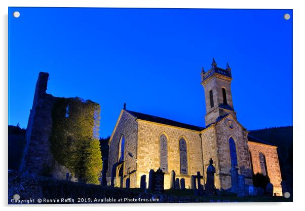 Kilmun Parish Church At Night Acrylic by Ronnie Reffin