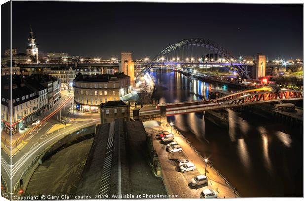 Newcastle Bridges at Night Canvas Print by Gary Clarricoates