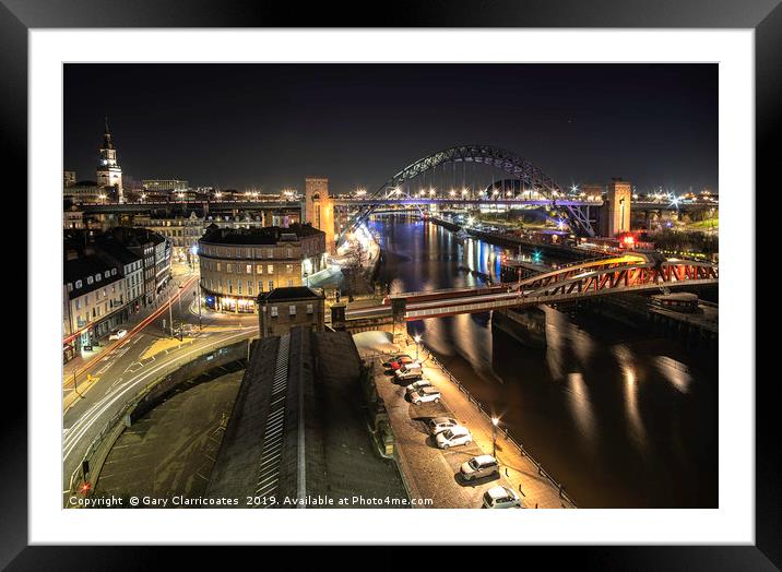 Newcastle Bridges at Night Framed Mounted Print by Gary Clarricoates