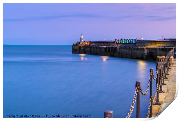 Folkestones Lighthouse at night Print by Clive Wells