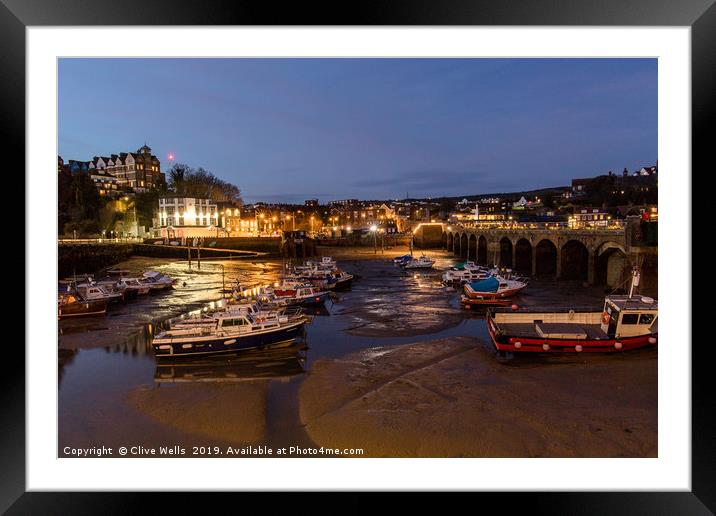 Inner harbour at night at Folkestone, Kent Framed Mounted Print by Clive Wells