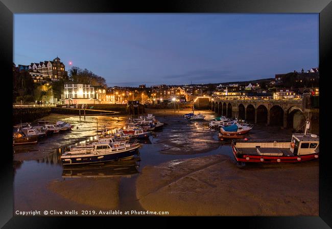 Inner harbour at night at Folkestone, Kent Framed Print by Clive Wells