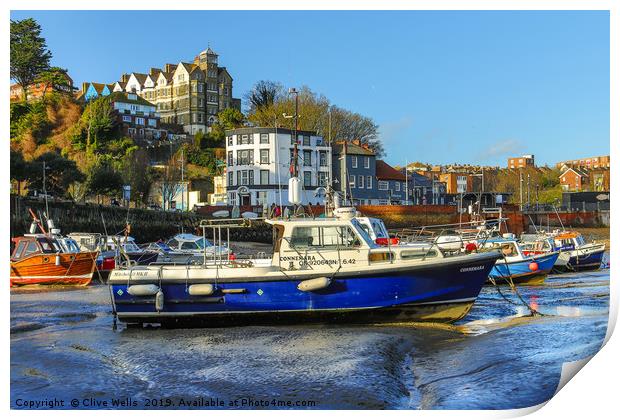 Boats at low tide at Folkestone Harbour, Kent Print by Clive Wells