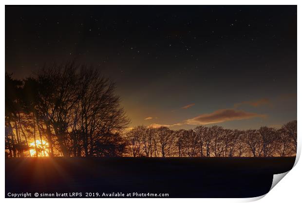 Big sunset glow through winter trees Print by Simon Bratt LRPS