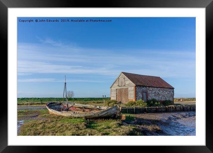 The Boat and Coal Barn at Thornham Staithe Framed Mounted Print by John Edwards