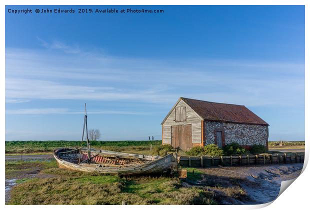 The Boat and Coal Barn at Thornham Staithe Print by John Edwards