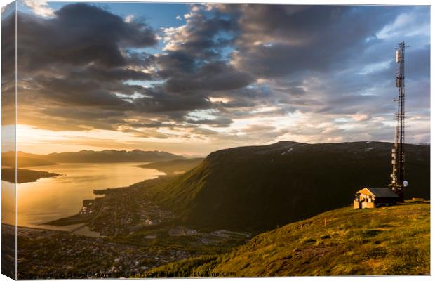 Mountainside above Tromso, Norway midnight sun Canvas Print by David Moore