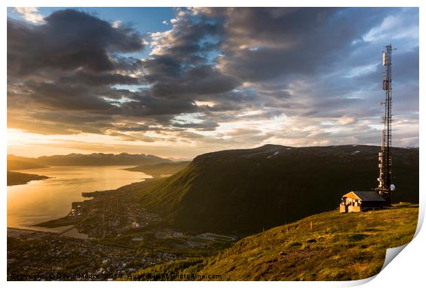 Mountainside above Tromso, Norway midnight sun Print by David Moore