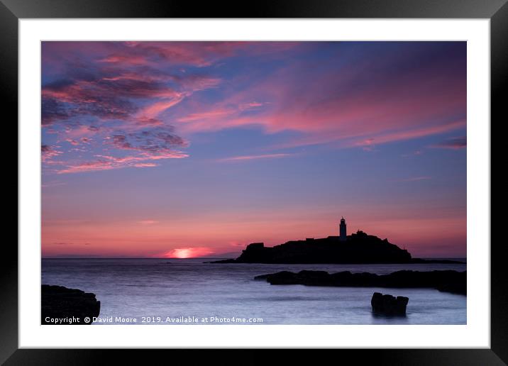 Godrevy lighthouse at sunset Framed Mounted Print by David Moore
