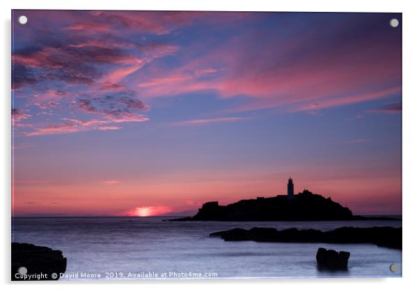 Godrevy lighthouse at sunset Acrylic by David Moore