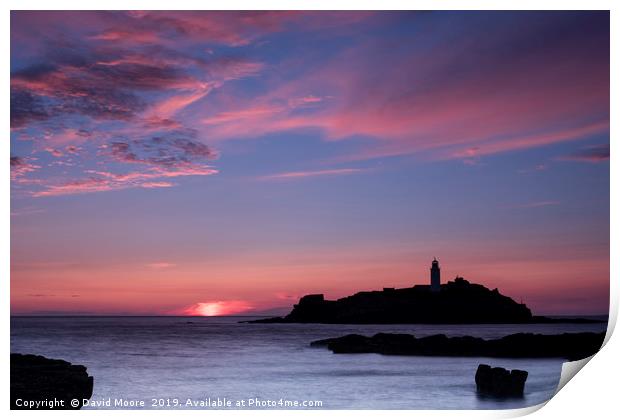 Godrevy lighthouse at sunset Print by David Moore