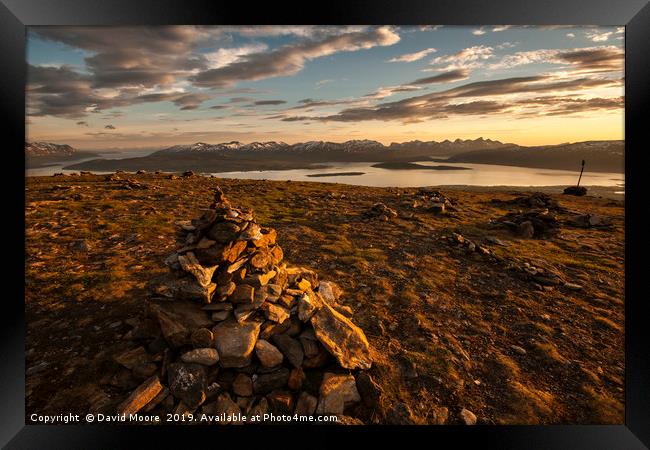 Midnight sun on mountain above Tromso Framed Print by David Moore