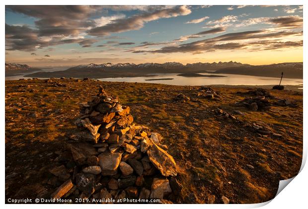 Midnight sun on mountain above Tromso Print by David Moore