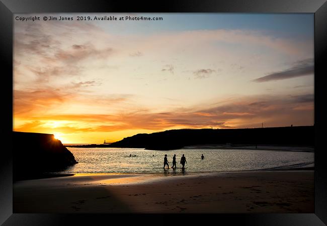Sunrise Swimmers at Cullercoats Bay Framed Print by Jim Jones