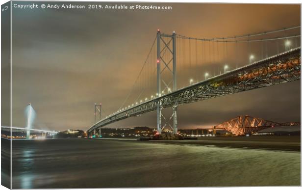 Forth Bridges on a Stormy Night Canvas Print by Andy Anderson