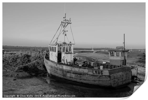Monochrone fishing boat at Brancaster Staith Print by Clive Wells