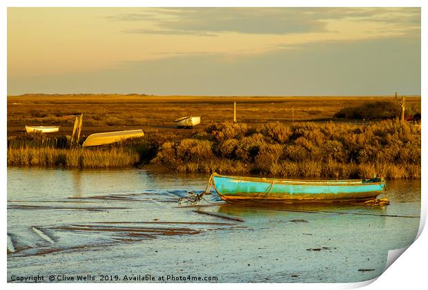Row boat at Brancaster Staith in North Norfolk Print by Clive Wells