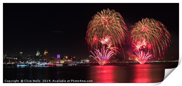 Fireworks over the waterfront at Liverpool Print by Clive Wells
