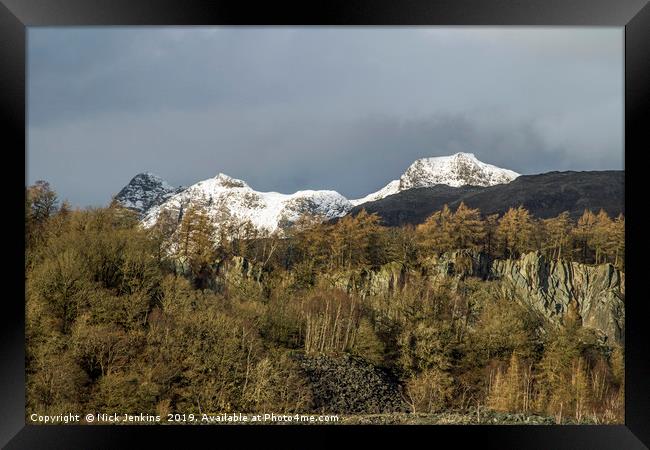 Langdale Pikes in Winter Lake District Cunbria Framed Print by Nick Jenkins