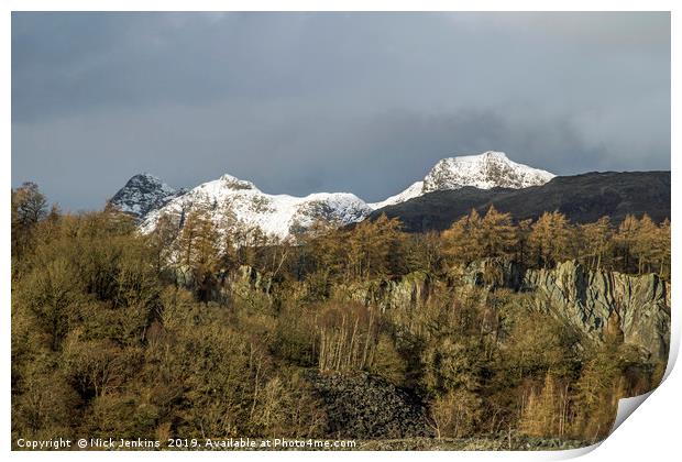 Langdale Pikes in Winter Lake District Cunbria Print by Nick Jenkins
