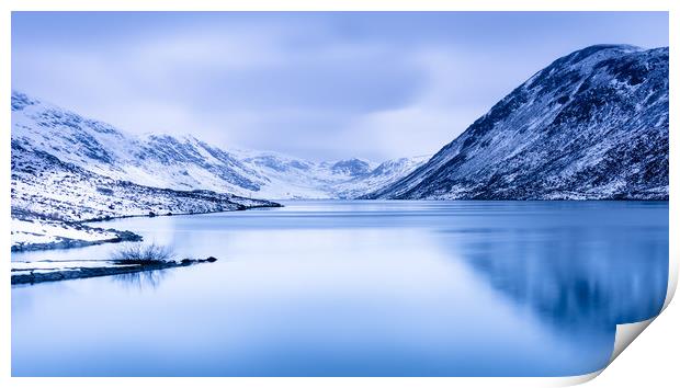 Loch Turret blue hour with snow covered mountains Print by David Moore