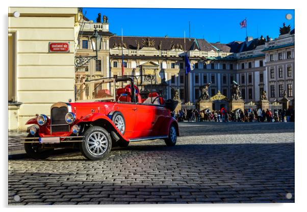 Vintage red car and the Prague Castle Acrylic by Jelena Maksimova