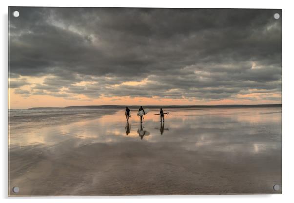 Surfers at Westward Ho in North Devon Acrylic by Tony Twyman