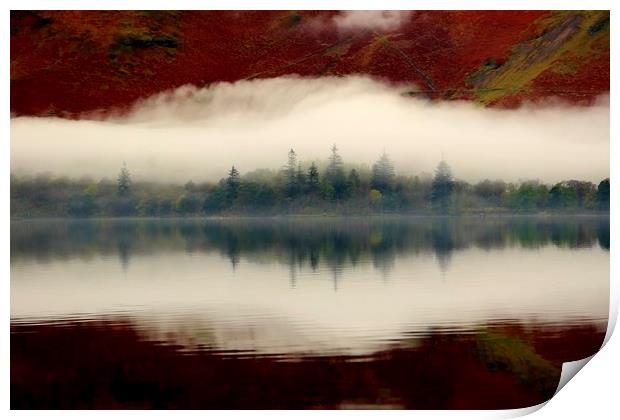 Reflections and mist Derwent Water Print by Simon Johnson