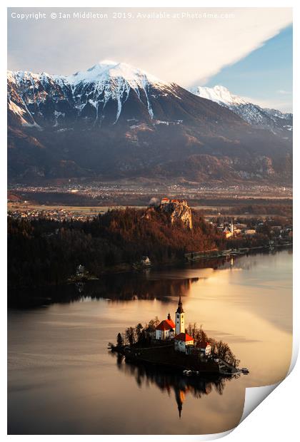 Morning view of Lake Bled from Mala Osojnica Print by Ian Middleton