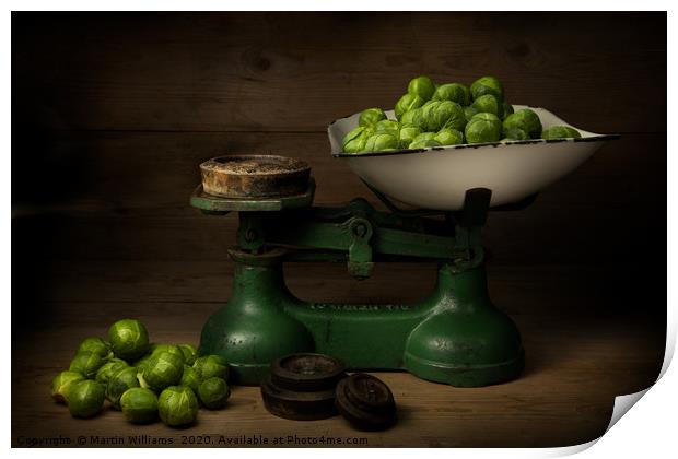 Brussel Sprouts on Weighing Scales Print by Martin Williams