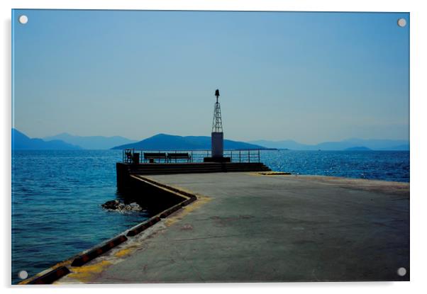 Lighthouse on Aegina Pier Acrylic by Cassi Moghan