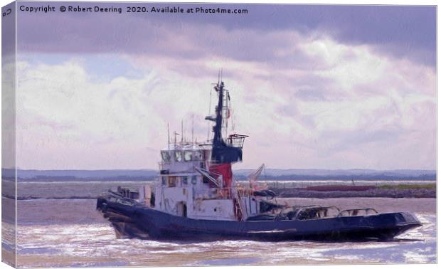 tugboat setting to sea given a painterly effect. Canvas Print by Robert Deering
