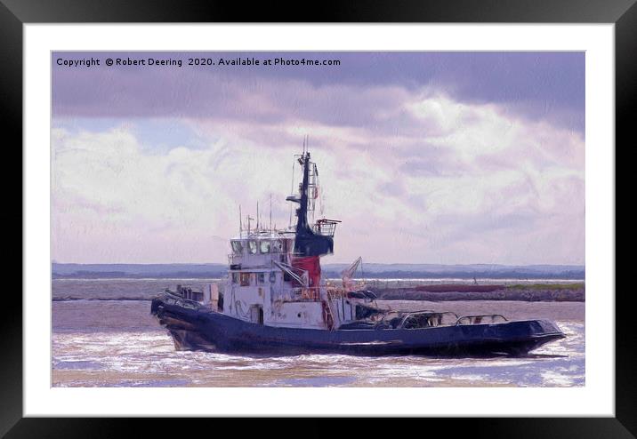 tugboat setting to sea given a painterly effect. Framed Mounted Print by Robert Deering