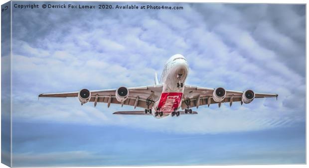 Airbus A380 Landing at Manchester Airport Canvas Print by Derrick Fox Lomax