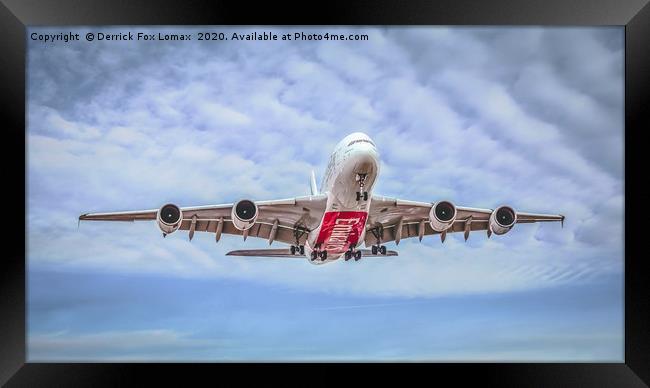 Airbus A380 Landing at Manchester Airport Framed Print by Derrick Fox Lomax